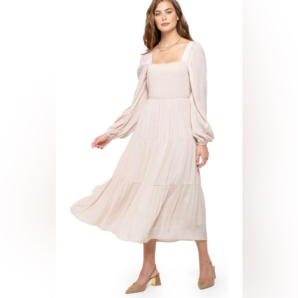 August Sky Smocked Square Neck Long Sleeve Midi Dress